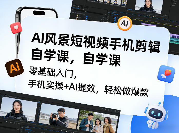 AI风景短视频手机剪辑自学课，零基础入门，手机实操+AI提效，轻松做爆款-小艾项目网