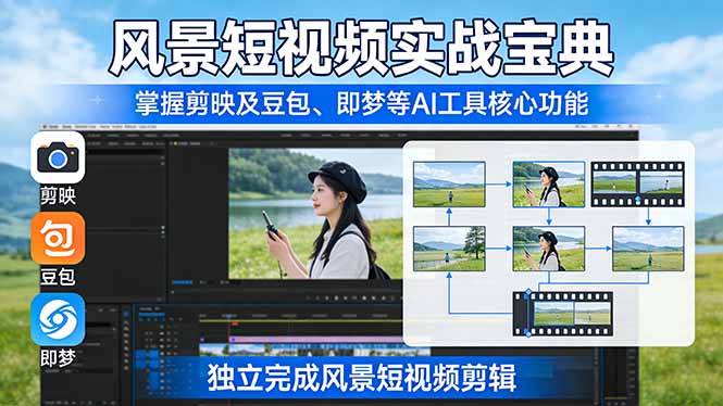 风景短视频实战宝典：掌握剪映及豆包、即梦等AI工具的核心功能，独立完成风景短视频剪辑-小艾项目网
