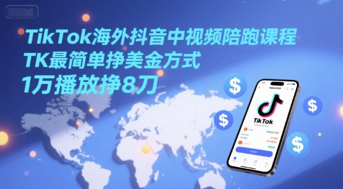TikTok海外抖音中视频陪跑课程，TK最简单挣美金方式，1万播放挣8刀-星火轻创